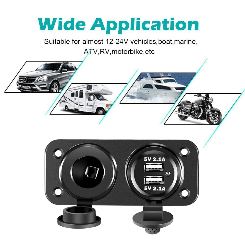 Dual USB Socket Charger 2.1A & 2.1A with LED + 12V Power Outlet Cigarette Lighter Socket, Triple Function Panel for Car Marine Vehicle Motorcycle ATV