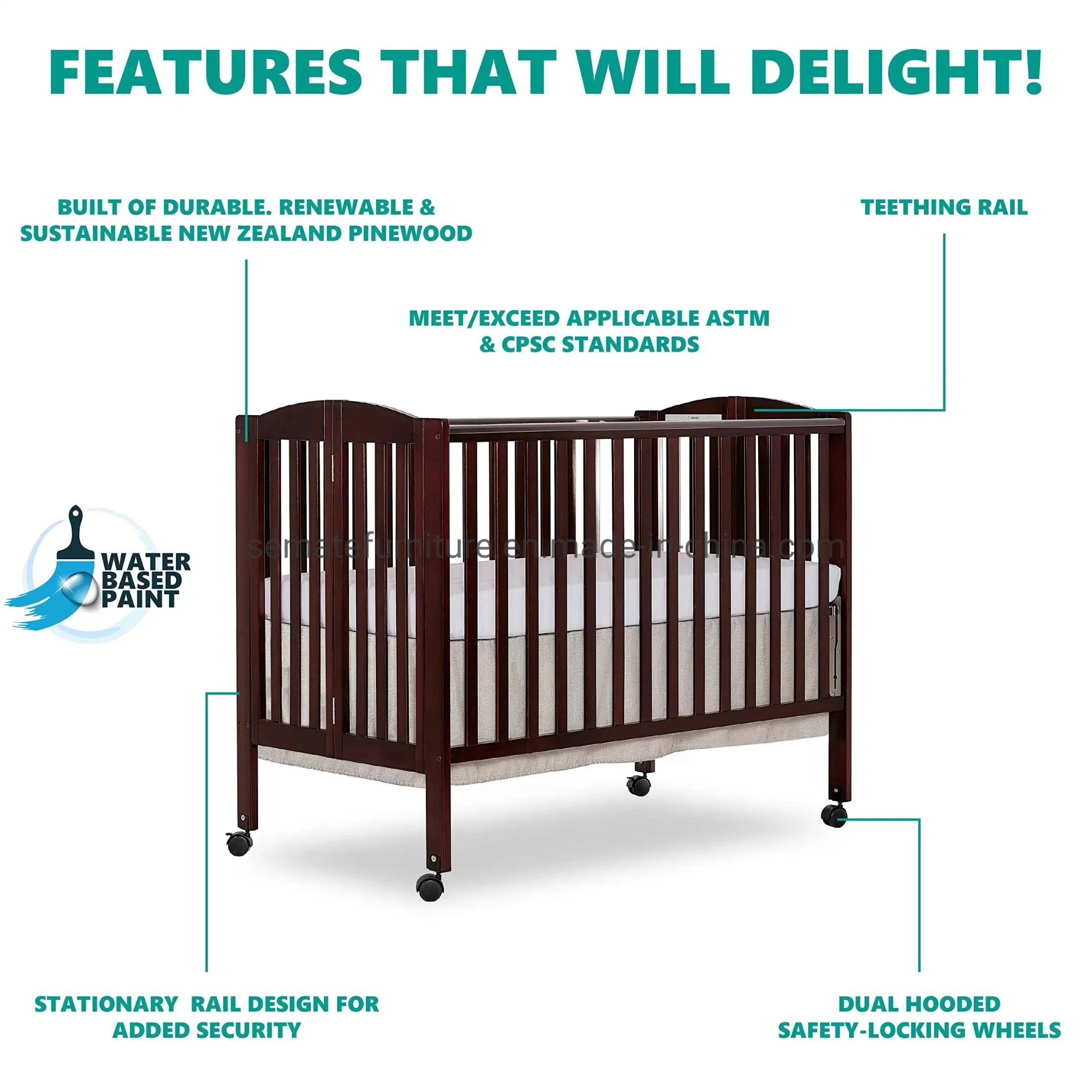 أثاث طفل عالي الجودة ومتين وسرير طفل متنقل بحجم كامل 3 في 1 قابل للطي وسرير جانبي ثابت قابل للطي وسرير محمول قابل للطي