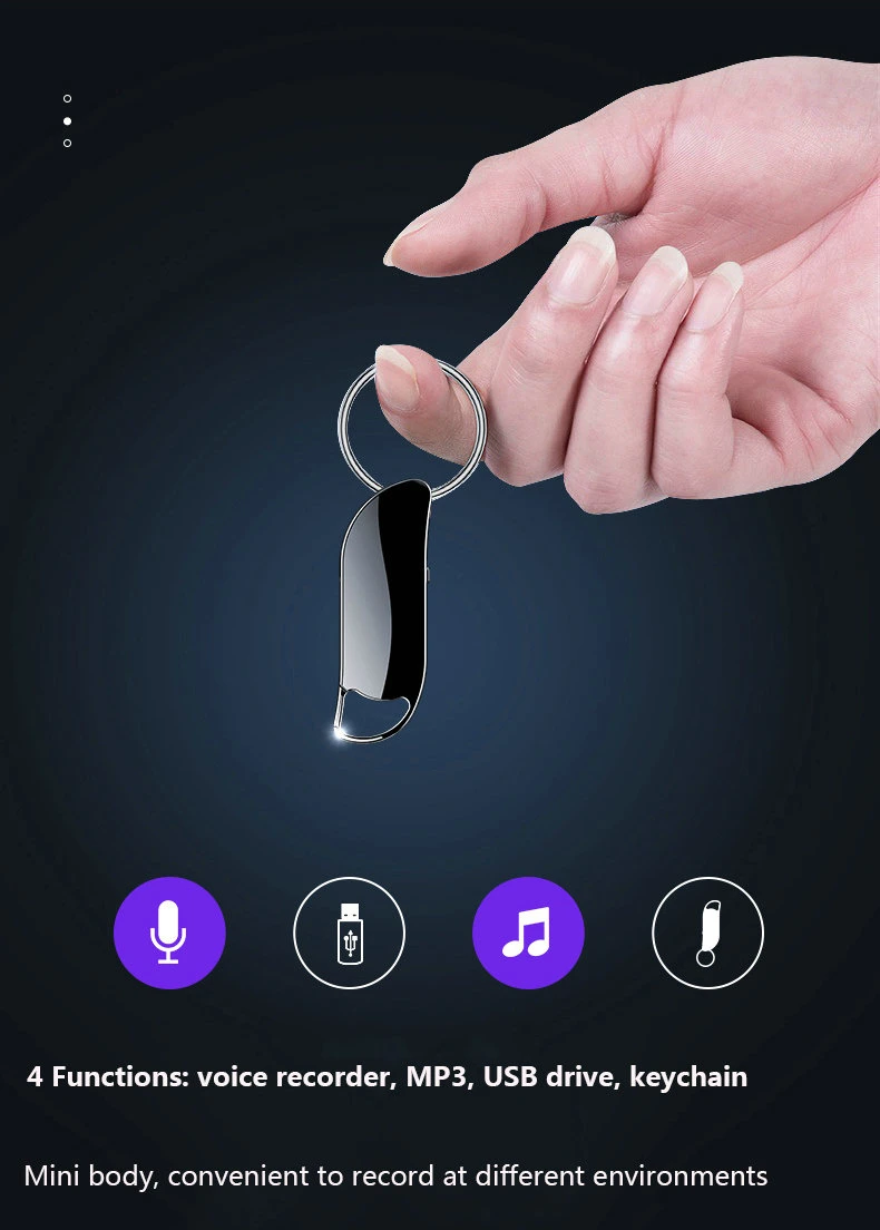 مسجل صوت رقمي من Keychain مسجل صوت نشط تسجيل محرك أقراص USB محمول مشغل MP3 محمول بصوت فضي Dictpaphone