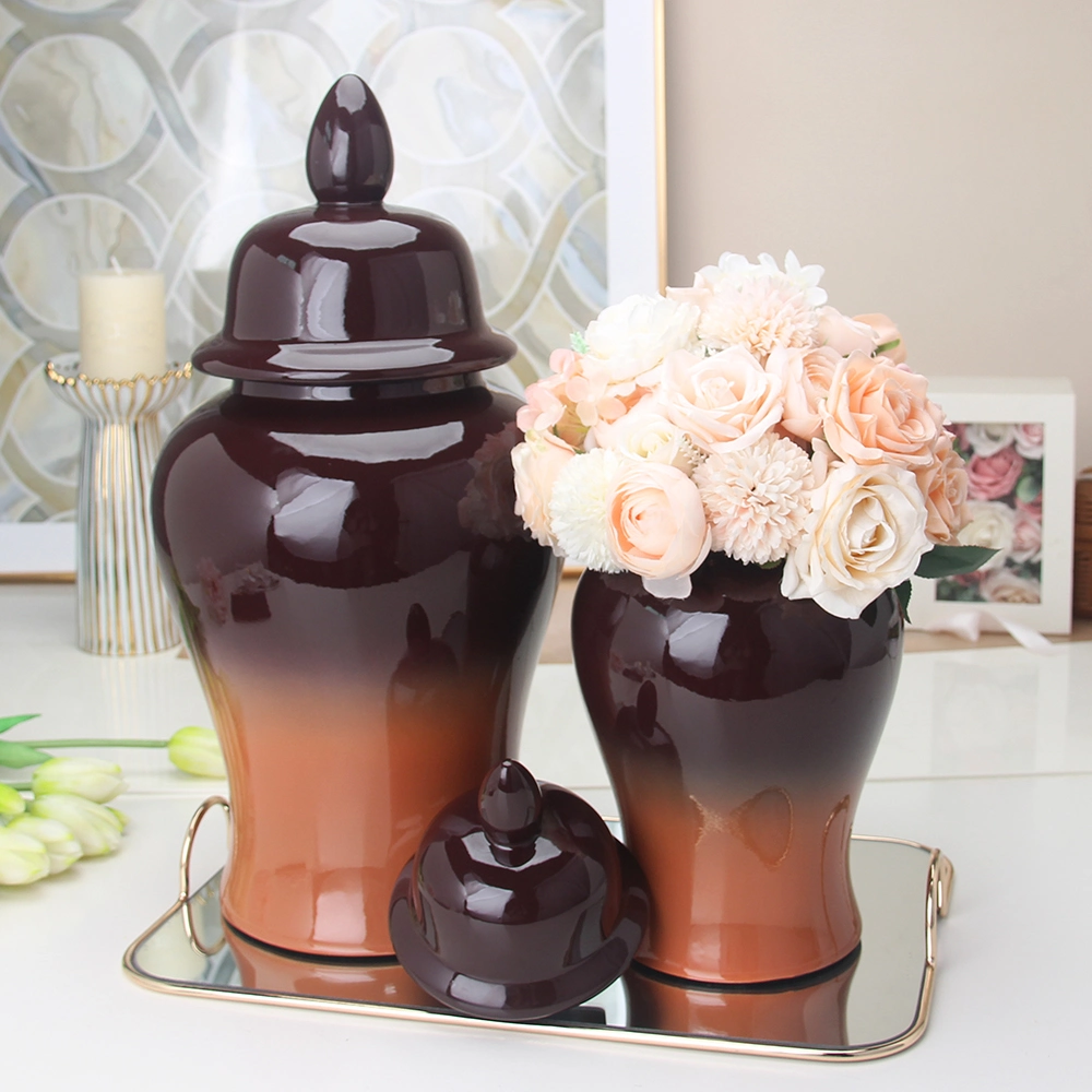 J228b moderno Ceramic Brown Gradient Decorative Vase Sets Dreamlike Home Decoración suave Glaze Ginger Jar para el hotel