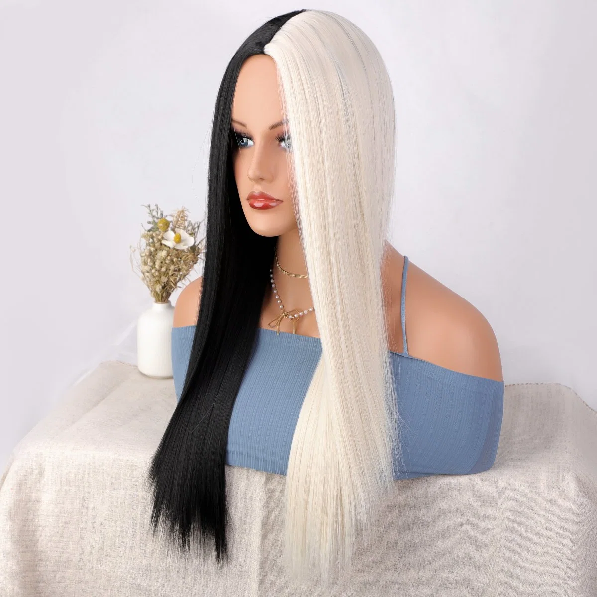 Long Straight Half Cream White Half Black Synthetic Fiber Hair Wig