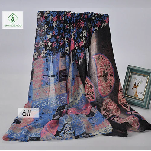 Fashion Lady Voile Scarves Multicolor Cotton Flower Printed Scarf Factory