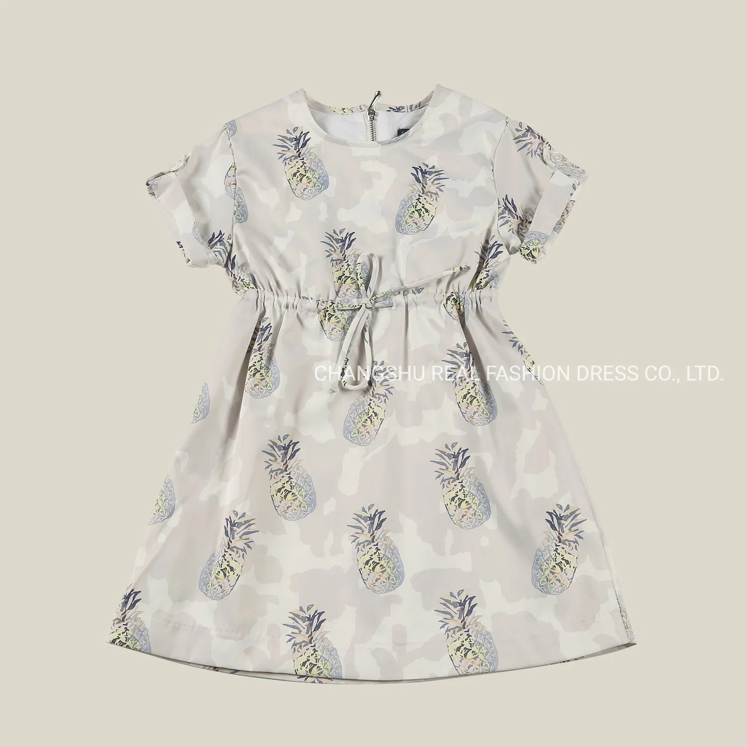 Girl Children Grey Ground Pineapple Print Dress Clothes with Lining and Back Metal Zipper