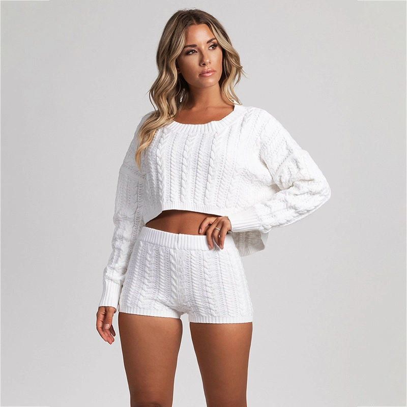 OEM Custom Long Sleeve Solid Women Shorts Knitted Sweater Set