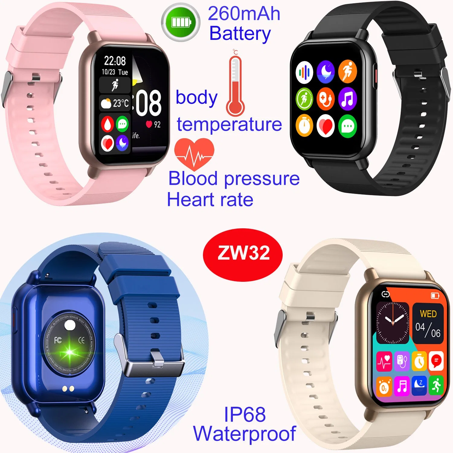 2023 China factory quality IP68 waterproof Slim design Smart Watch with HR BP Blood pressure for senior healthcare ZW32