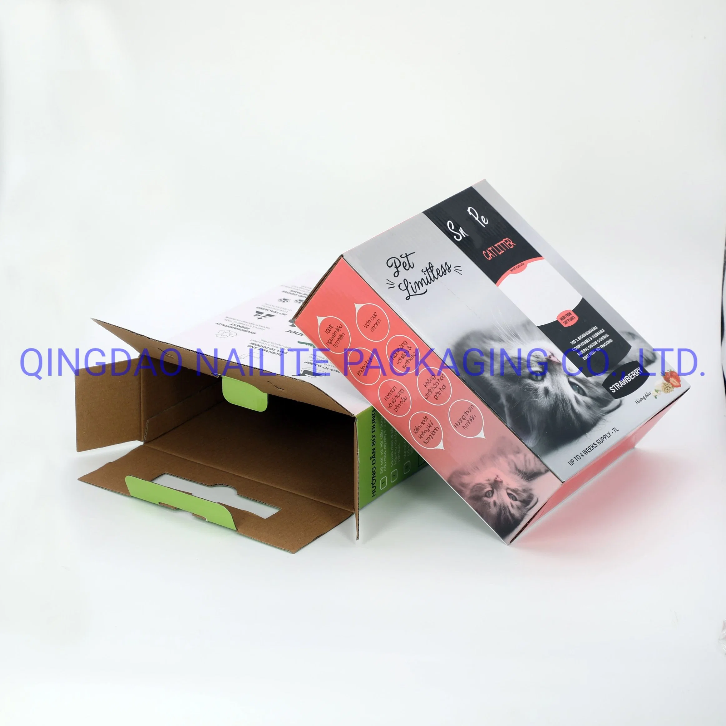 Recycling Customized Color Printed Laminating Corrugated Paper Package with Logo for Pet Food/Pet Snacks/Pet Toys/Cat Litters with Handle