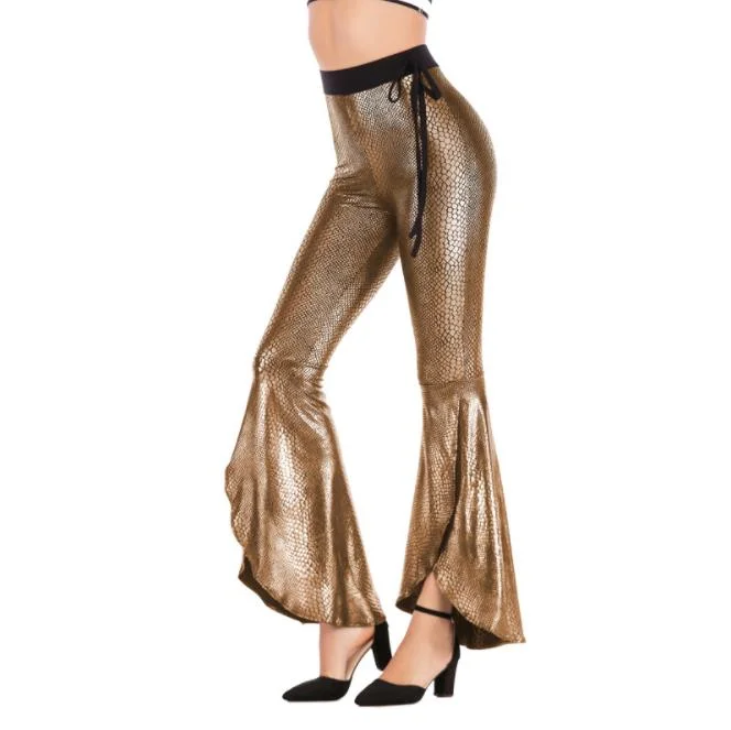 Men's PVC Leather Shiny Metallic Effect Long Pants Bell Bottom Flared Trousers