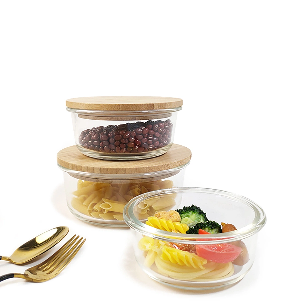 Round Kitchen Spice Storage Borosilicate Glass Container Jar Canister Set with Custom Airtight Bamboo Wood Lids