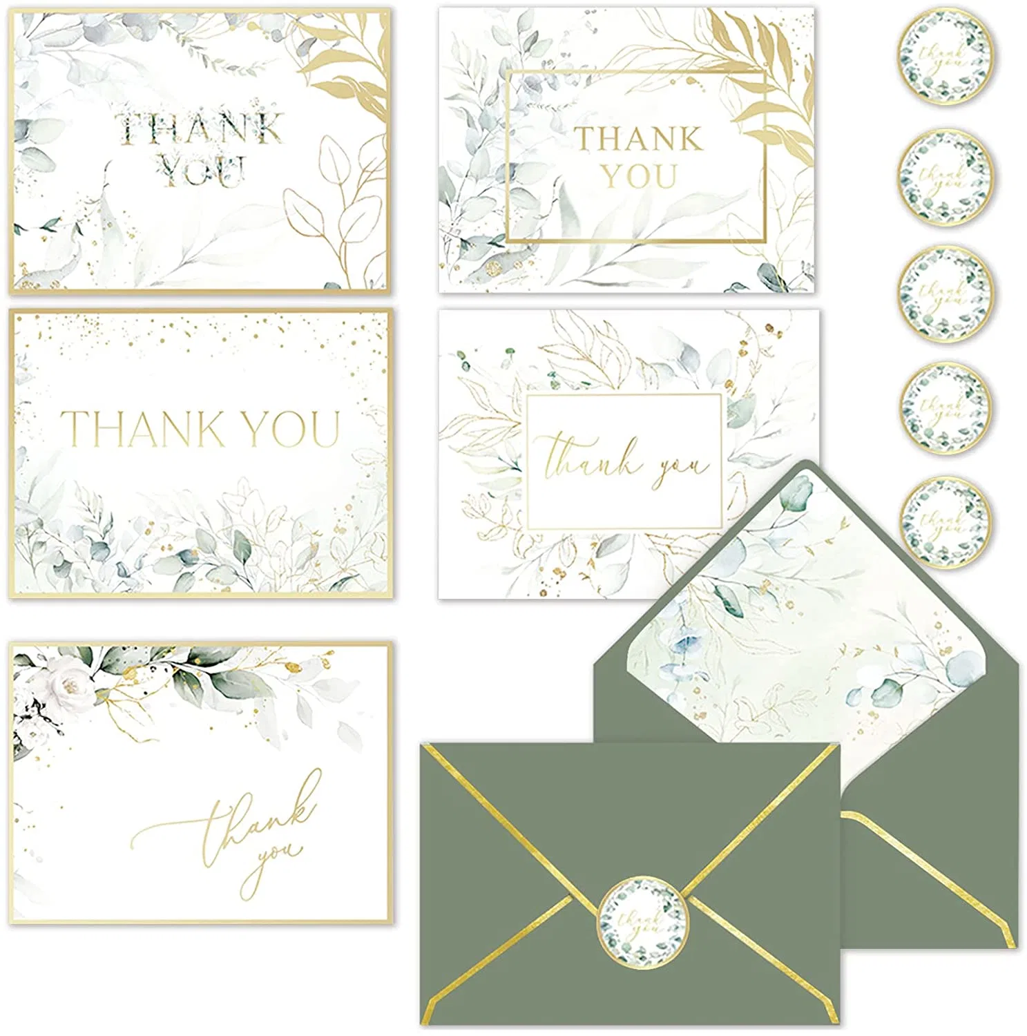 Wholesale Gold Foil Weddding Thank Card Sets 4X6" with Envelopes and Stickers with Thanks in 100 Packs Box