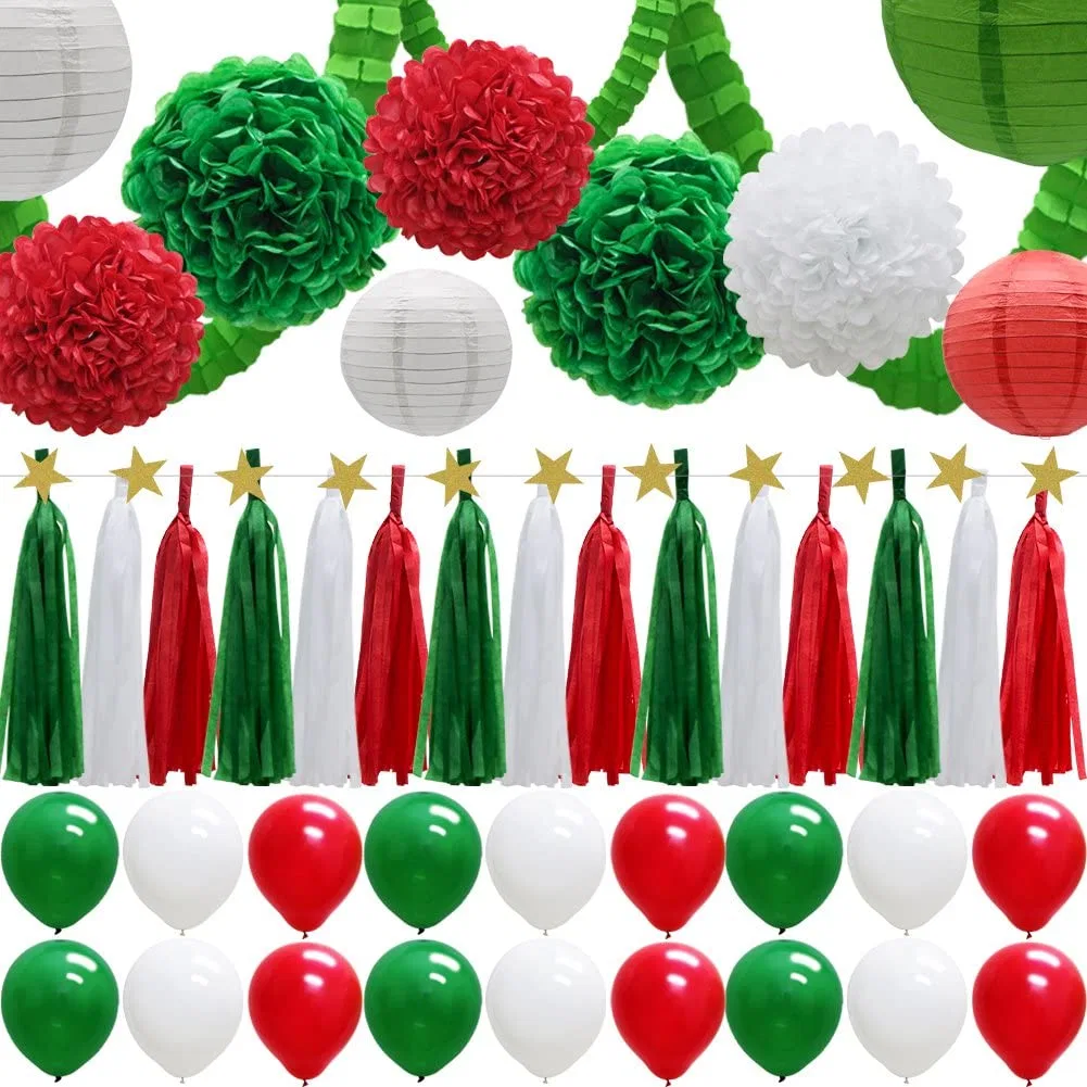 Рождество-участник украшения, бумага фонарики воздушные шары метелками висящих Гарланд баннерная ткань POM Poms цветы клевера Гарланд