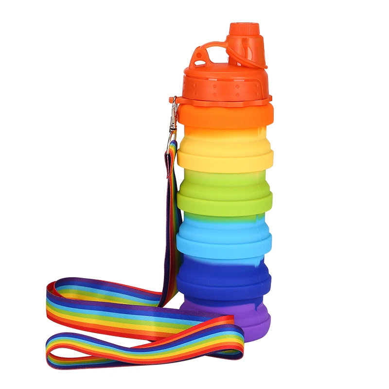 Silikon Folding Sport Wasser Cup Cute Rainbow Strap Retractable Kinder Wasserflasche