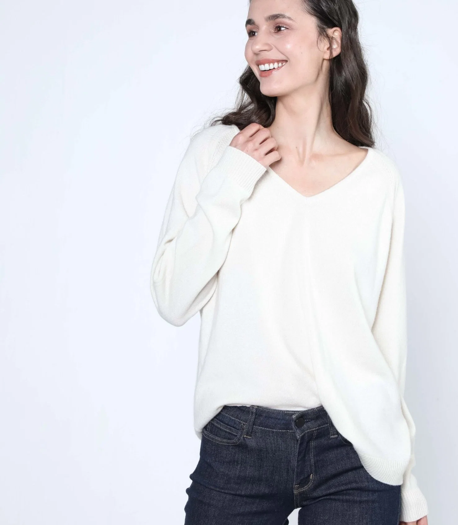 Sudadera de cashmere de cuello en V de ajuste holgado para mujer′