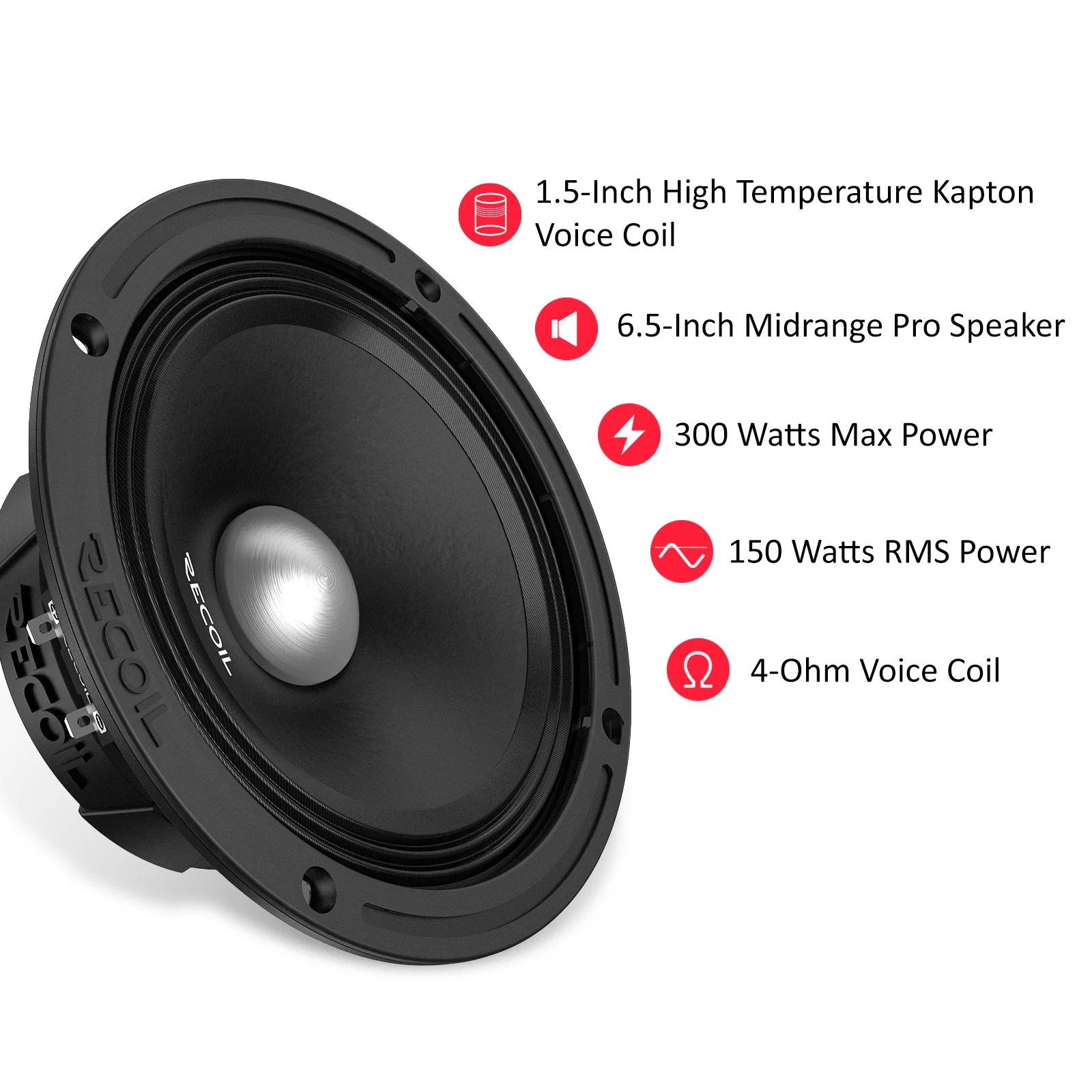 Edge Ms65-4 6.5-Inch Midrange PRO Audio Car Speaker, 300 Watts Max, 150 Watts RMS 4-Ohm, 1.5-Inch High-Temperature Kapton Voice Coil, Premium Car Speaker