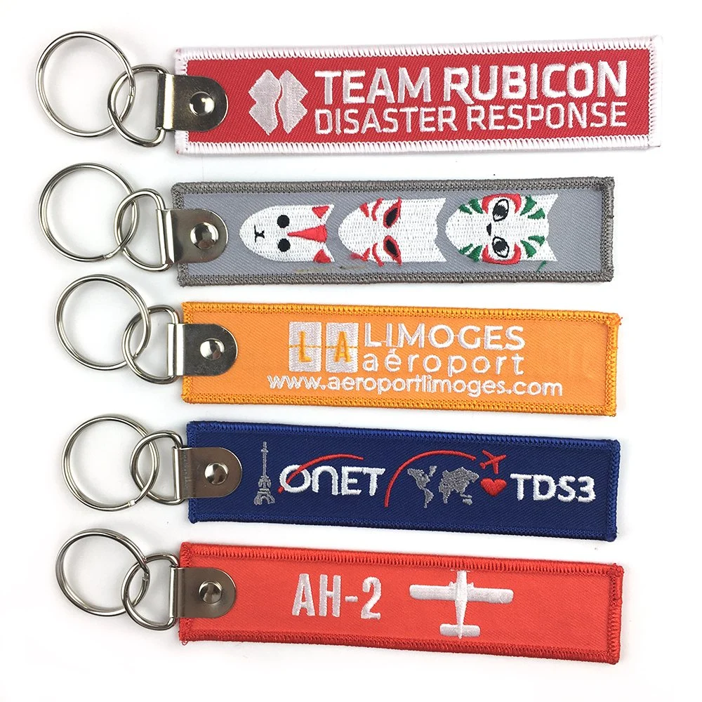 Custom Stoff gewebte Stickerei Leder Silikon Schlüsselanhänger mit Schlüsselanhänger Schlüsselhalter und Taschenzubehör