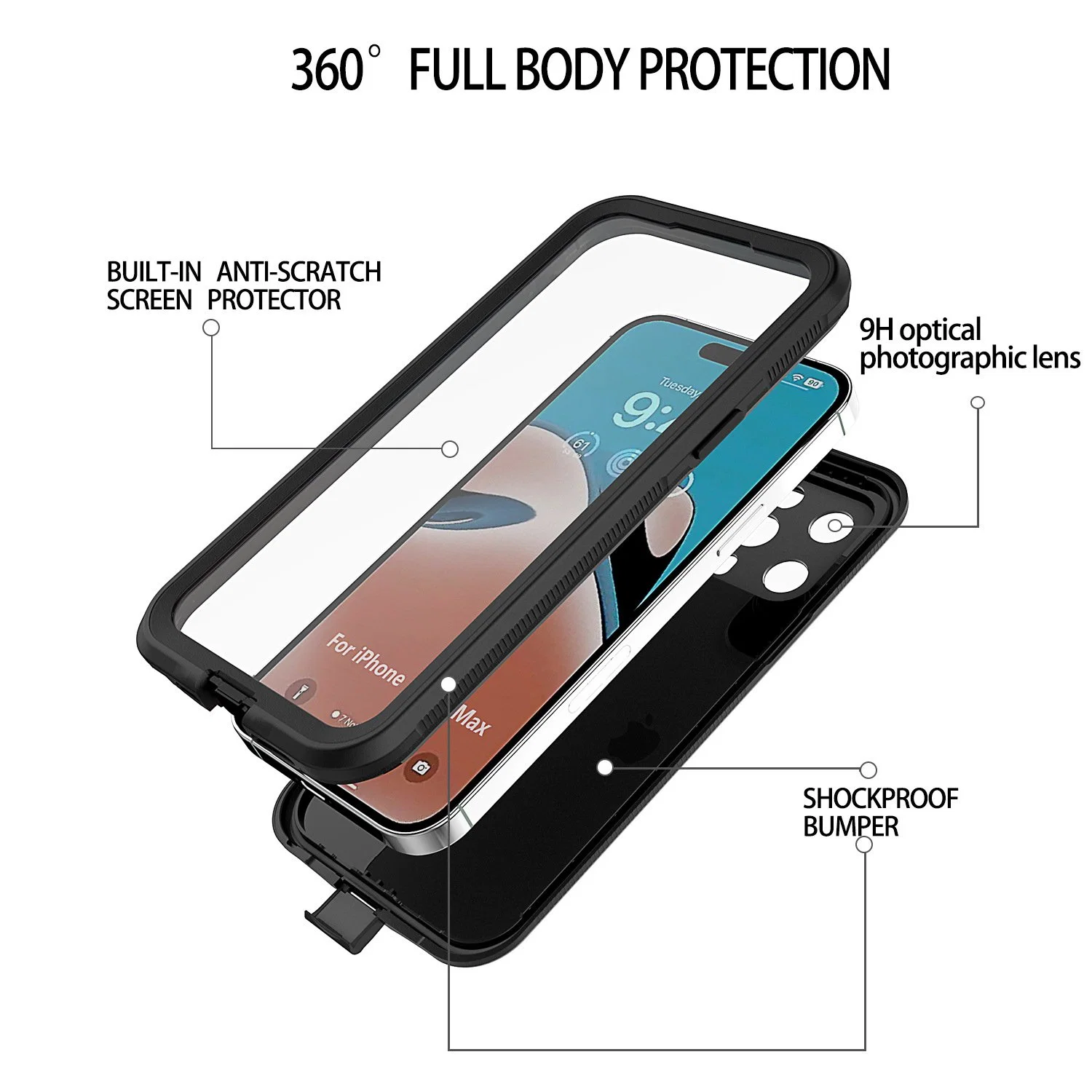 Coque de téléphone portable transparente et étanche, résistante aux chocs pour la plongée et la natation.