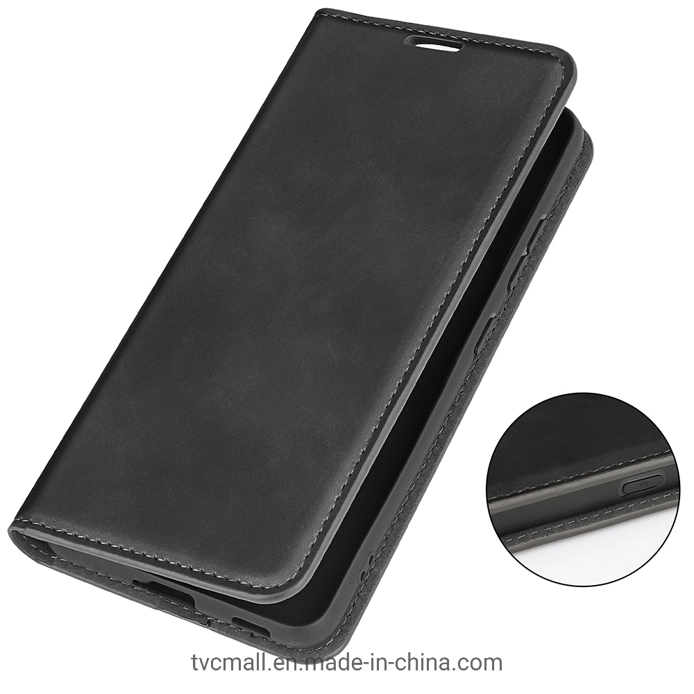 Piel suave sensación de cuero Folio Libro tapa abatible Vista horizontal Soporte funda de absorción magnética para iPhone 14 PRO 6,1 Pulgada - Negro