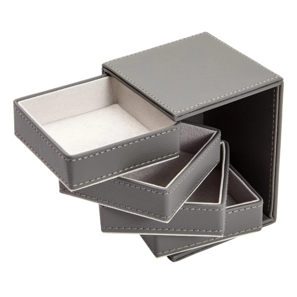 Small Faux Leather Box Square Case 4 Layer Rotating Jewelry Organizer for Necklaces, Rings, Earring, Bracelets