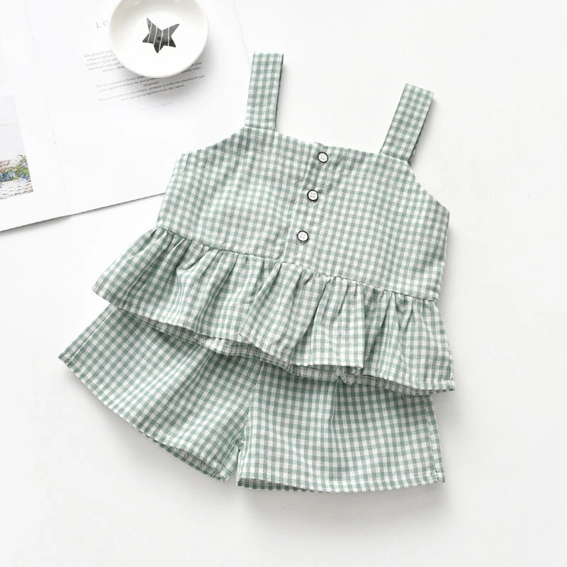 2023 Girls Outfits Baby Clothing Sets Summer Plaid Sling T-Shirt Top Shorts 2PC Princess Suit Kids Clothes