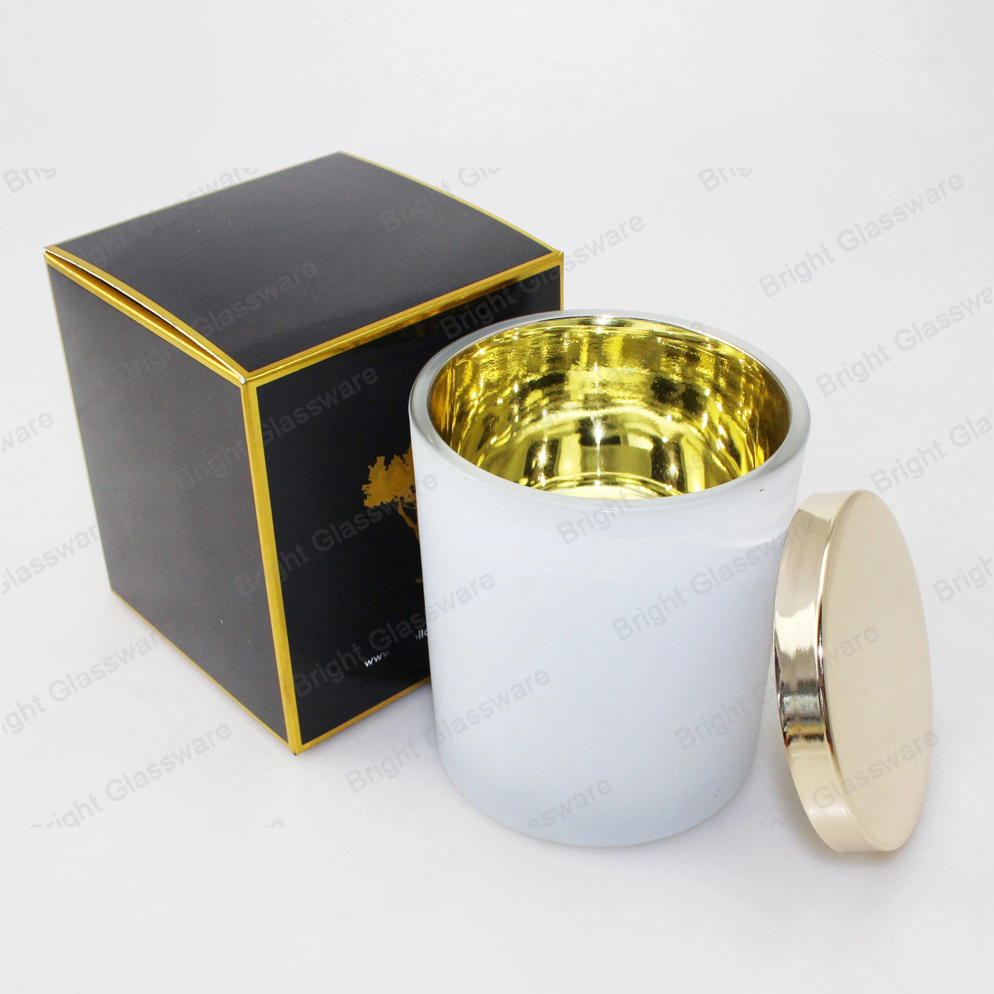 White Electroplating Glass Candle Jar Gold Inside Glass Candle Jar with Metal Lids