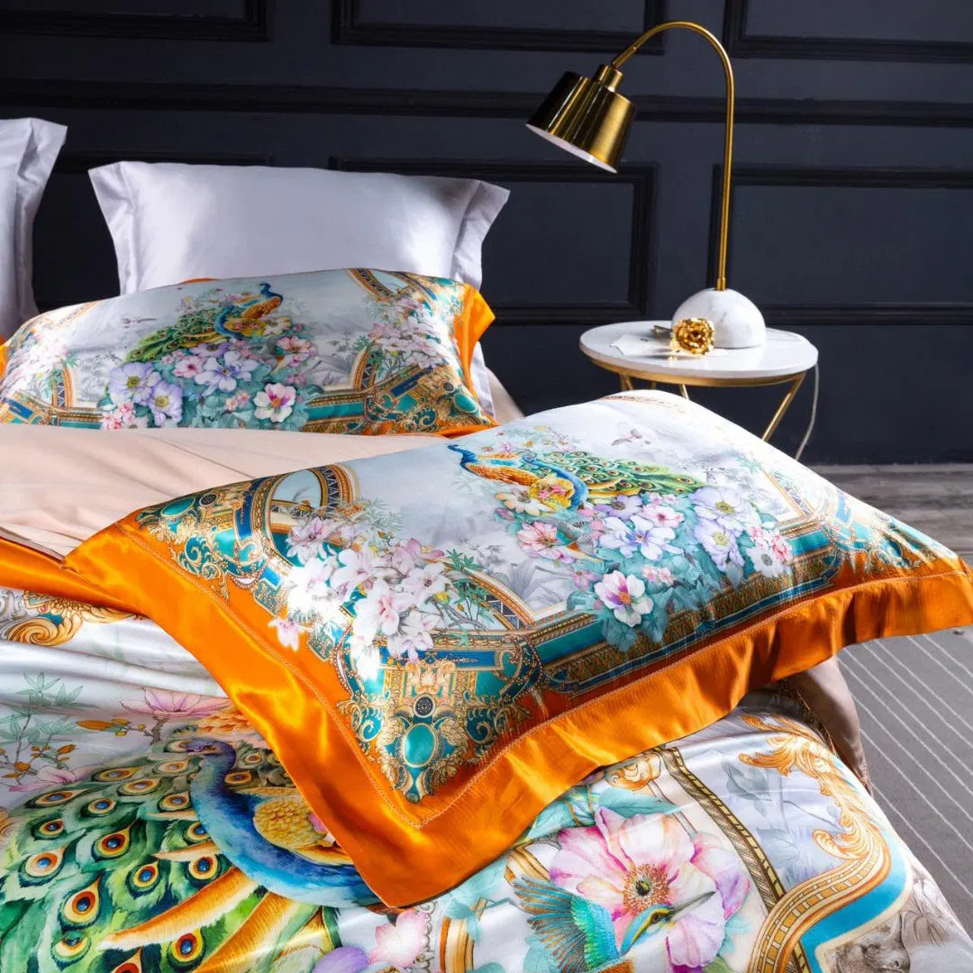 Top Luxury Orange Silk Printing Quilt capa seda Pillowcase King Folhas de tecido de alta qualidade para casa, 4 peças, ODM/OEM, instaladas na cama Conjunto de material de cama impresso Fornecedor