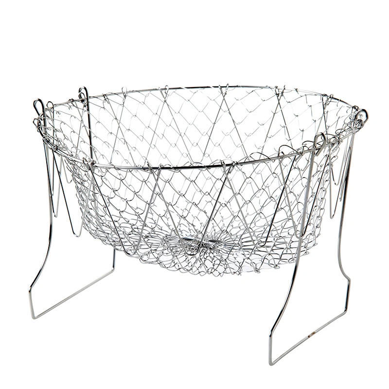 Multi-Function Fold Basket Stainless Steel Foldable Fry Basket Chef Telescopic Basket Fried Filter Drainage Rack for Fried Food or Fruits Esg13865