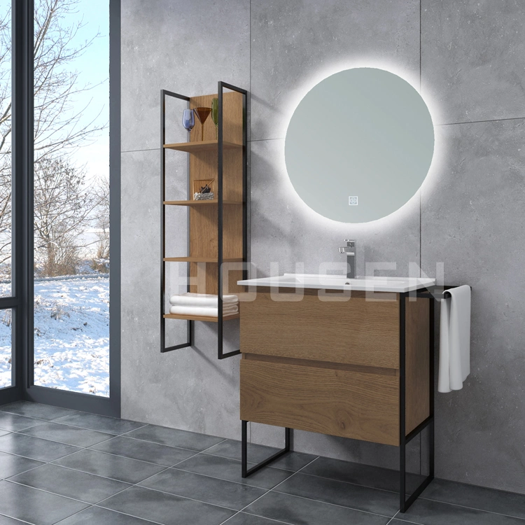 Luxury Nordic Style Black Frame Structure Bathroom Furniture Hotel Homestay Mirami Wood Grain Bathroom Cabinet