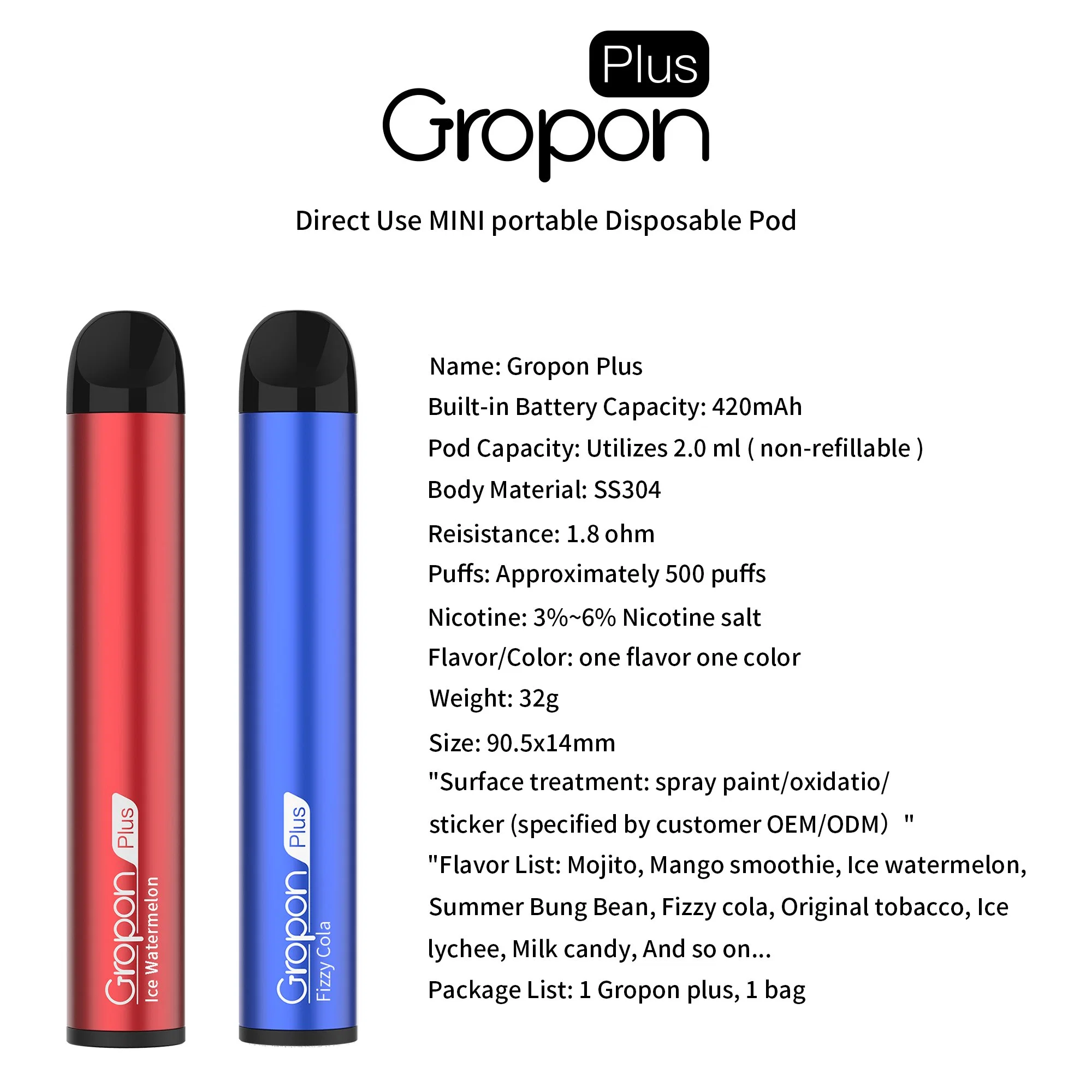 OEM&ODM 3% 5% 6% Nicotine Salt Juice Gropon Plus 500puffs Wholesale/Supplier Vaporizer Pen Cartridges