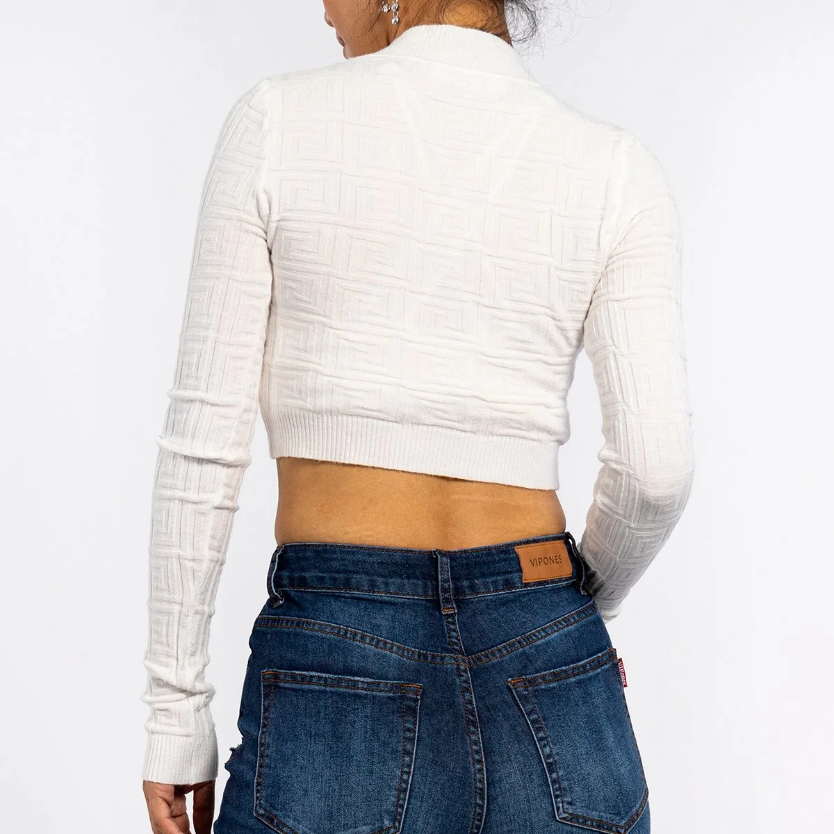 2023 Round Neck Long Sleeve Knitted Crop Tops White Summer Sweaters for Women