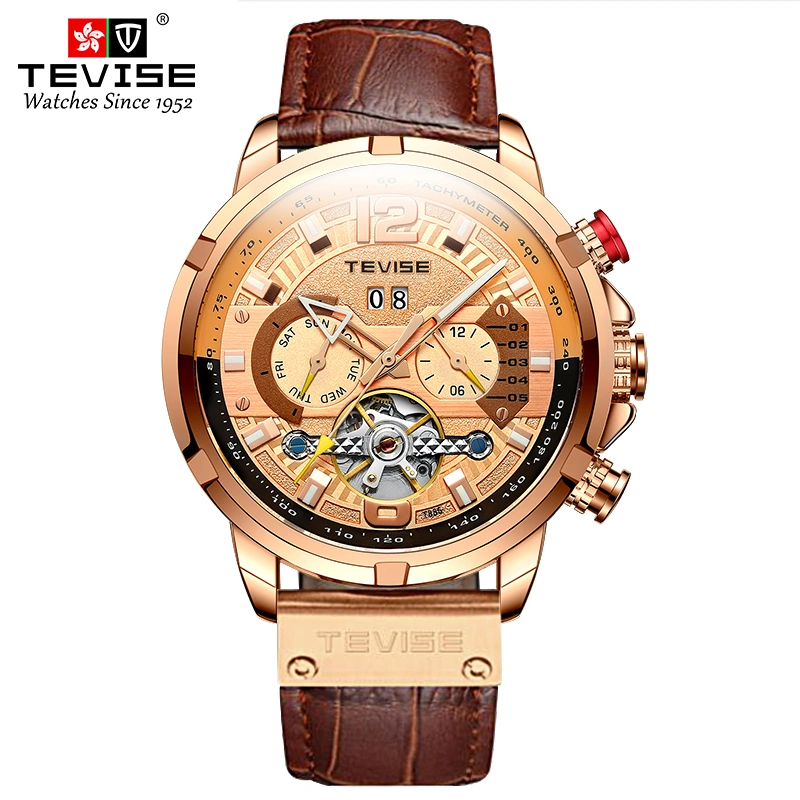 Tevise Men Watch Elegant Brand Famous Luxury Quartz Rose Gold Watches Male Leather Butterfly