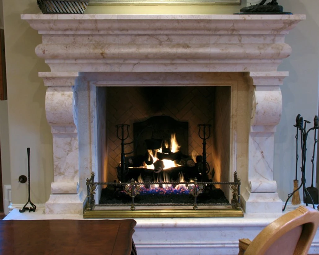 French Limestone Contemporary Italian Tuscan Carving Fireplace