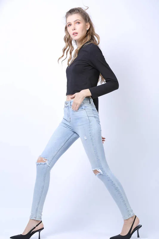 Moda mujeres Jeans OEM Niza enzima Ripper lavado skinny Fit Jeans denim para mujer de color azul claro