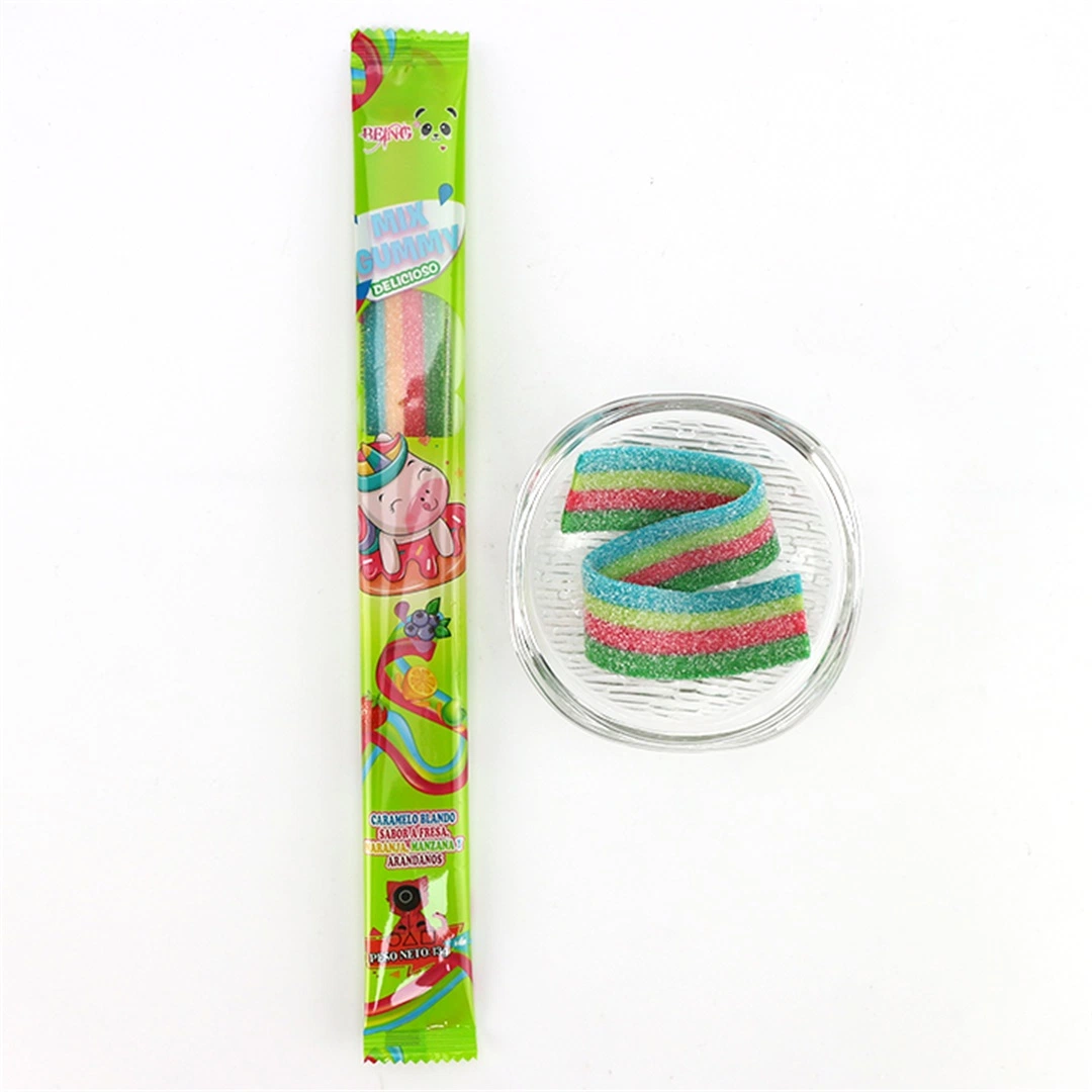Halal Rainbow Ribbon Shape Sour Long Chewing Soft Gummy Candy