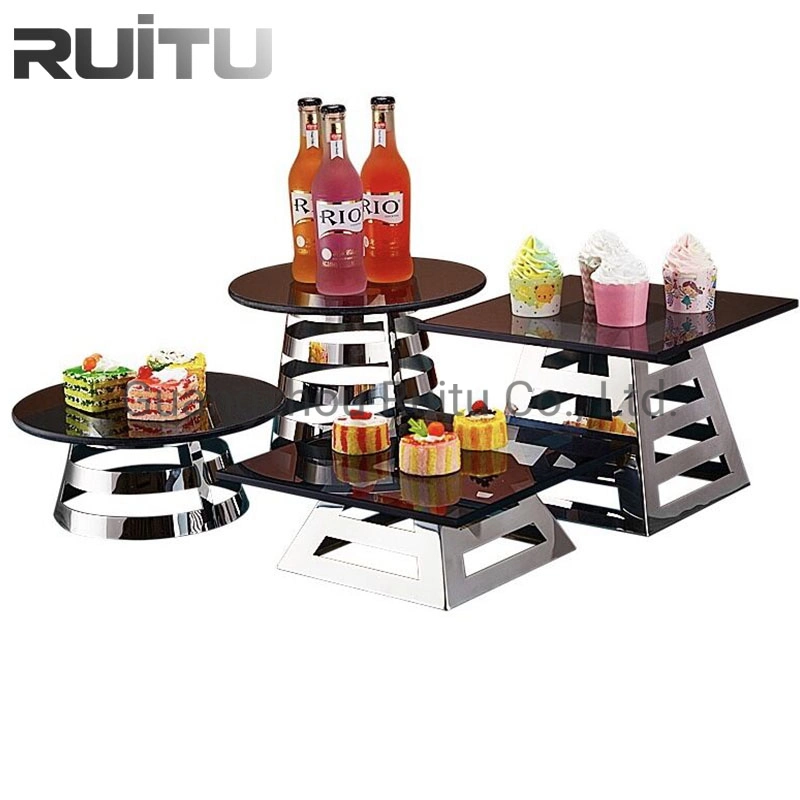 Hotel Royal Glass Plates Rack Combined Set Food Display Party Table Skyline Cupcake Dessert Serving Platter Stainless Steel Black Buffet Cake Risers and Stands