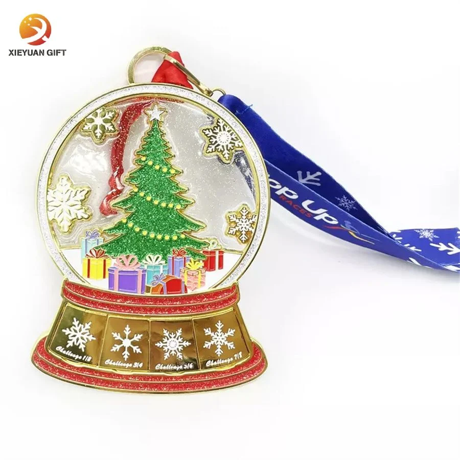 La ejecución de deporte personalizadas medallas trofeos Trofeos de Metal Navidad Maratón de recuerdos de cinta de regalo de Navidad placas medallas medalla del cuello