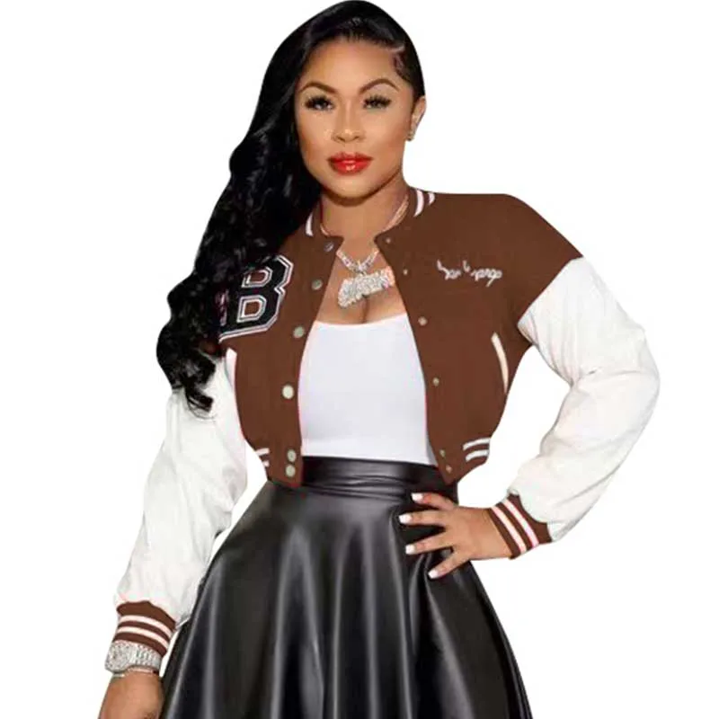 L99784 Leather Sleeve Stitching Embroidery Buttons Baseball Uniform Double-Layer Threaded Jacket