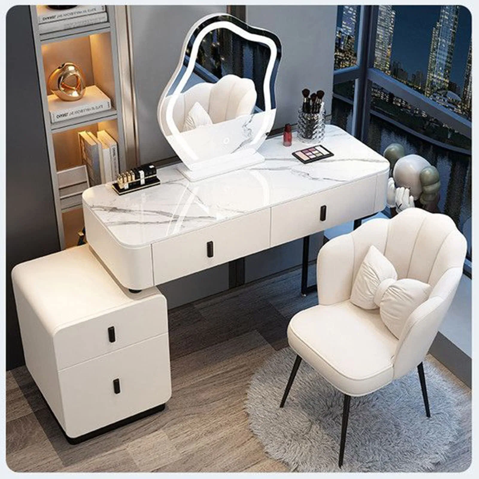 Conjunto de tocador de maquillaje para el hogar/dormitorio moderno nórdico con mesa de tocador extensible, espejo con armario y taburete incluidos con luz LED