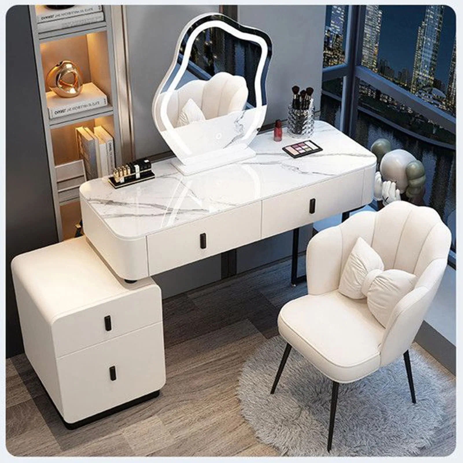 Nordic Modern Home/Bedroom Makeup Vanity Set Expandable Dressing Table with Cabinet Mirror and Stool Included with LED Light

Ensemble de coiffeuse moderne nordique pour la maison/chambre à coucher comprenant une table de maquillage extensible avec miroir de rangement et tabouret inclus, avec éclairage LED.