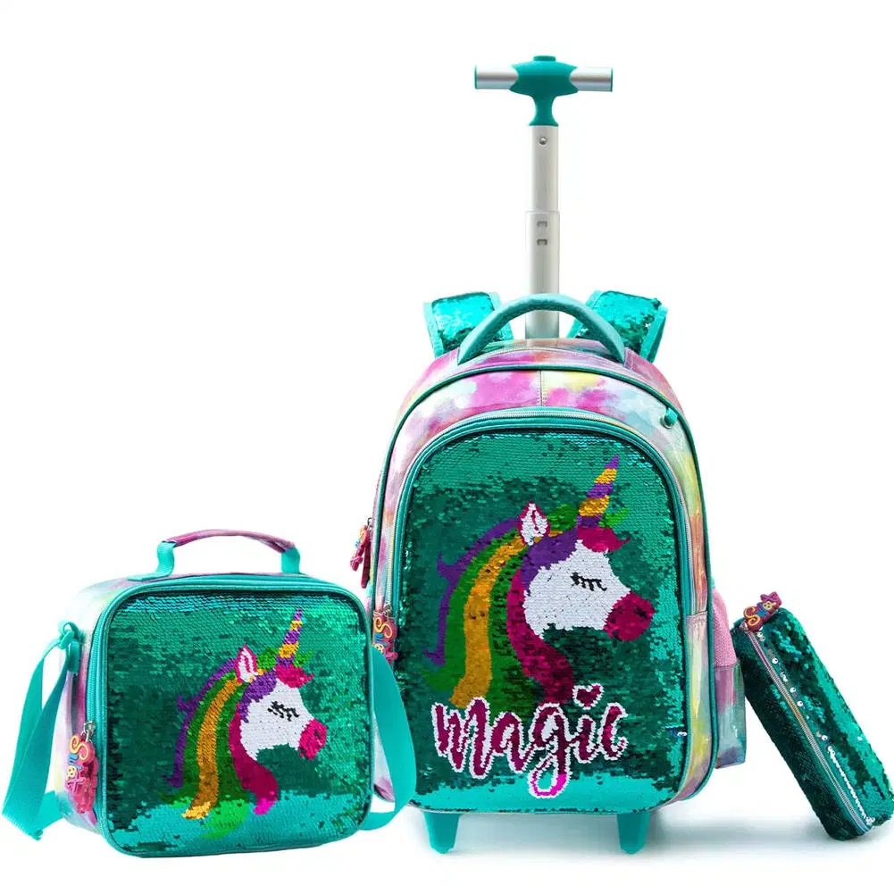 Unicornio personalizado chica desmontable Carrito de la escuela, los niños Cartoon Bolsa mochila con Box Lunch y lápiz caso