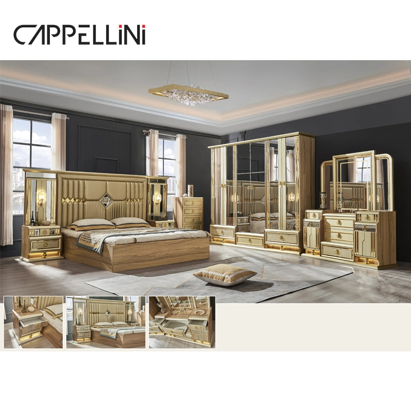 Classic Royal Luxury Gold Cama de matrimonio tamaño King Size Villa casa de madera MDF Queen Habitación Master juego completo Muebles de Dormitorio