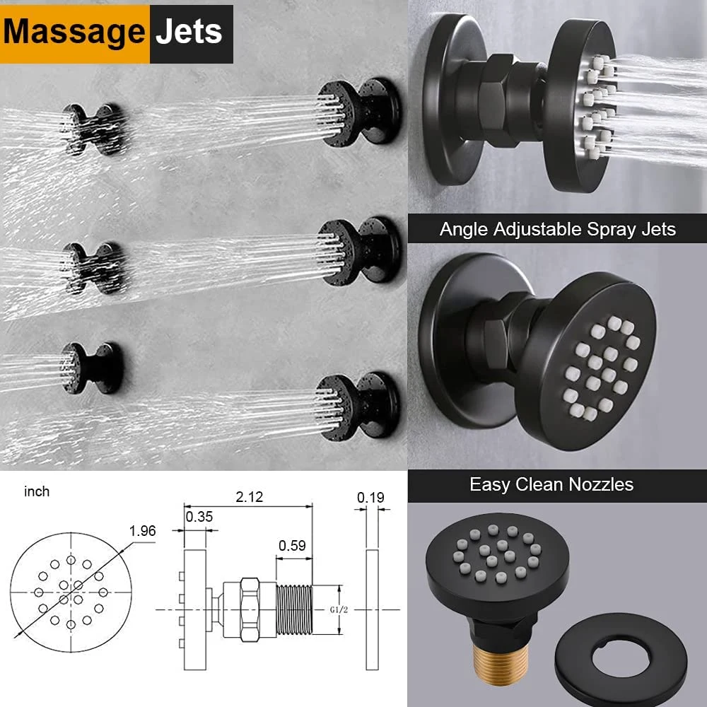 12 Zoll LED rund Duschsystem, Decke Regen Dusche Wasserhahn Fixture Set, Duschkopf und Handheld mit 6 Ganzkörper-Spray Jets (Mattschwarz)