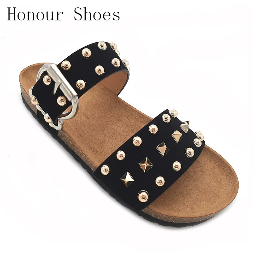 Wholesale/Supplier Rivets with Cork Midsole Sliding Flat Sandals Custom Logo Women's Slippers