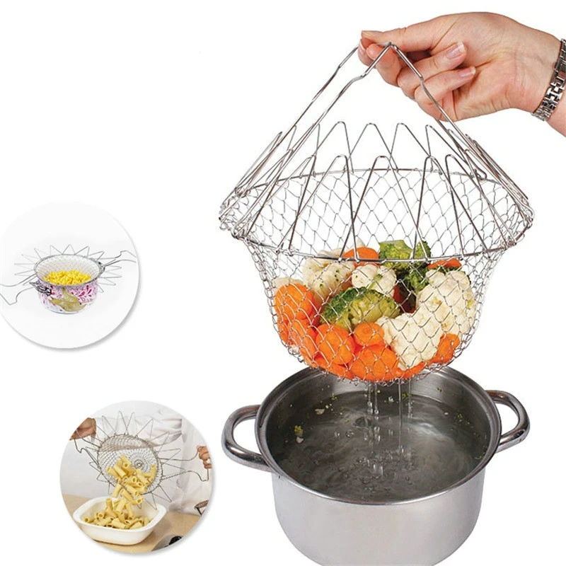 Multi-Function Fold Basket Stainless Steel Foldable Fry Basket Chef Telescopic Basket Fried Filter Drainage Rack for Fried Food or Fruits Esg13865