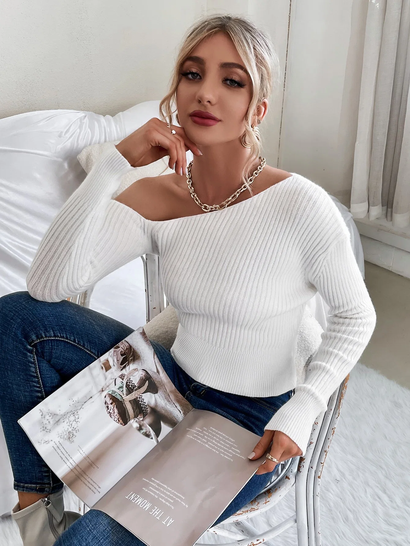 One Shoulder Fashion Autumn Winter Sweaters Cropped Oblique Collar Sexy Knitted Sweater Women Asymmetrical Pullovers