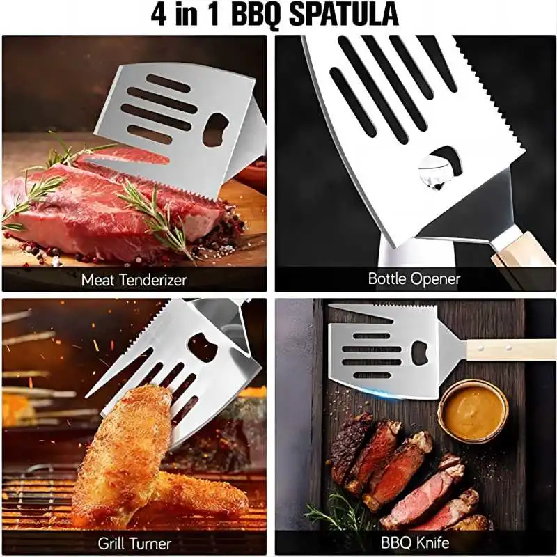 Barbecue Accessory Set of 10 Stainless Steel Tool Kit with Wood Handle