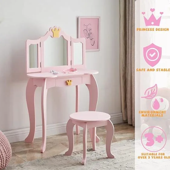 Popular Modern Kids Vanity Makeup Table Set with Mirror and Chair