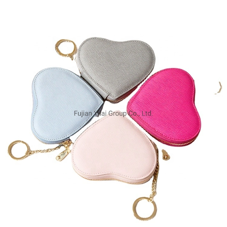 Custom Leather Ladies Coin Purse Pouch Keychain Heart Shape Pouch Wallet Card Holder