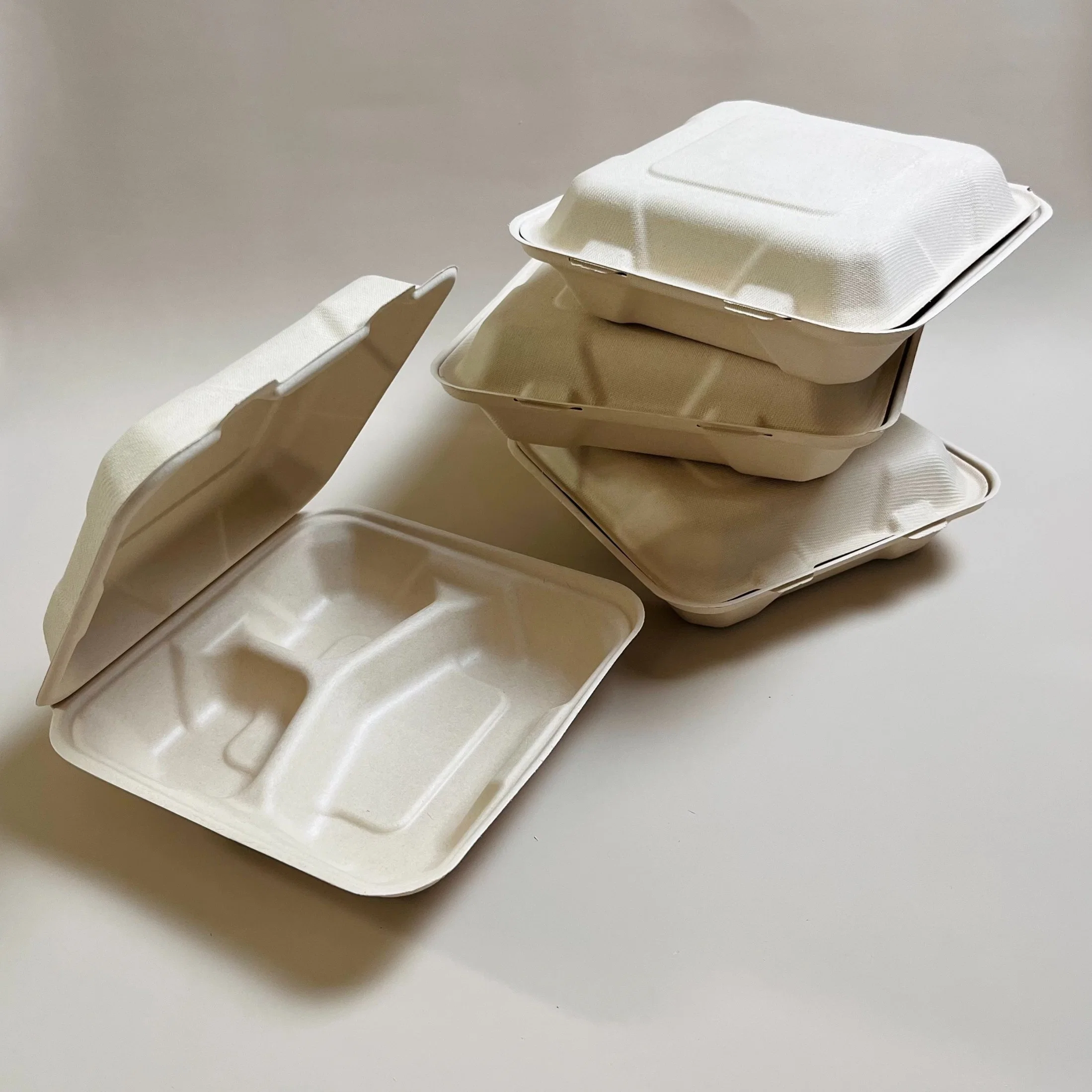 Compostable Biodegradable Disposable Clamshell 9in 3-Comp Bagasse Lunch Box