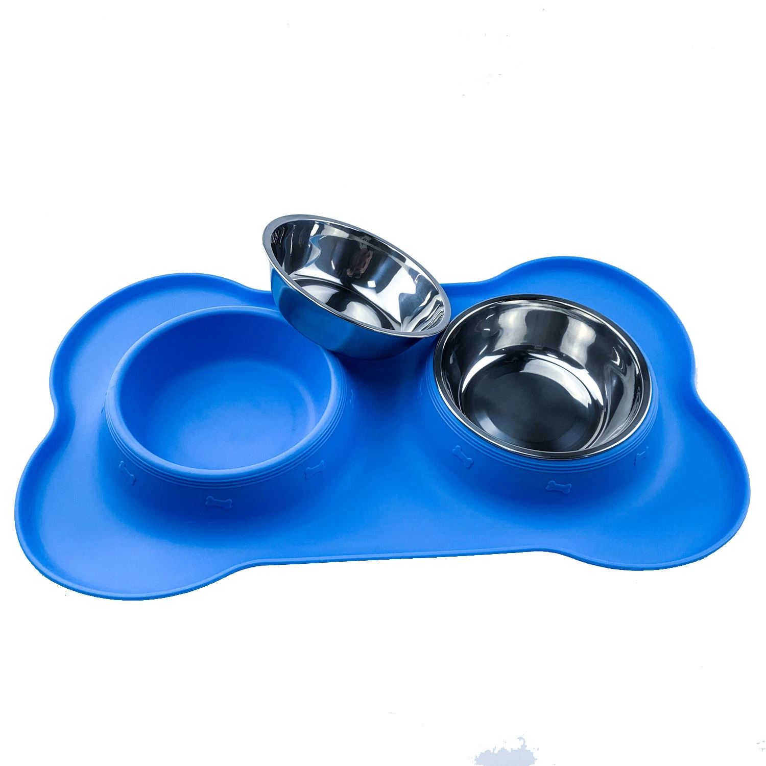 Double Pet Bowl Set in Bone Shape Antiskid Silicone Tray