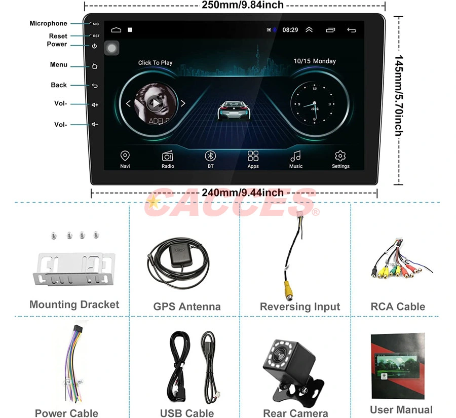 Rádio Android para automóvel GPS de 10 polegadas com ecrã de toque Sat Navi estéreo Leitor 2DIN Receptor FM Bluetooth WiFi MOB Mirror Link Dual USB com suporte para câmara traseira CarPlay Car Stereo