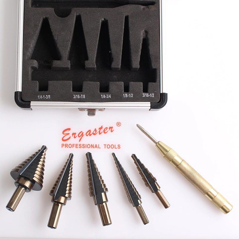 6pieces Titanium Step Drill Bit Set, Multiple Hole 50 Sizes High Speed Steel Spiral Grooved Step Drill Bit Set with Automatic Center Punch in Aluminum Case